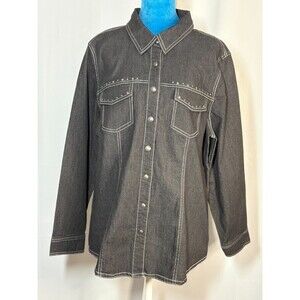 d&co Black Denim Shirt Jacket Studded Snap Front Western Large L Shacket NWT